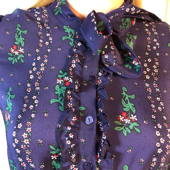 Blue Floral Silk Dress w Ruffles and Tie Neck S/M - Picture 4 of 8
